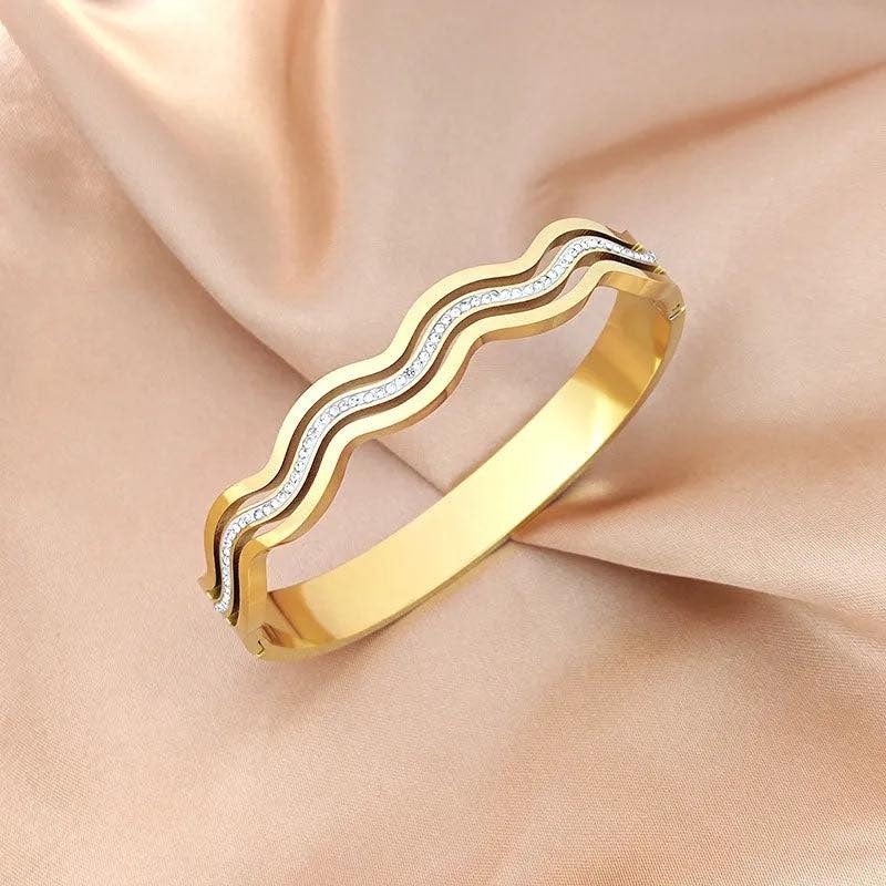 18K Gold Plated Stainless Steel Bangle for Women – Geometric Rhinestone Inlay Bracelet, Classic Glamorous Style, Rose Gold/Gold/Silver, Elegant Gift Jewelry