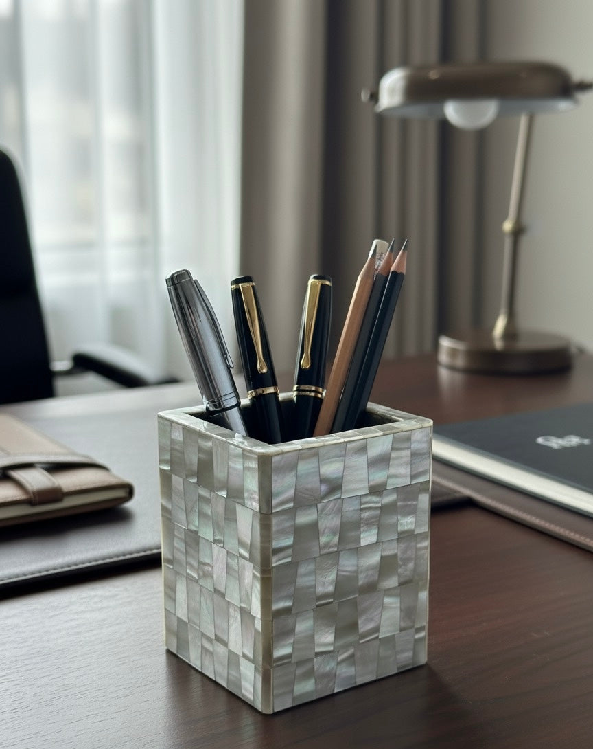 Luxury Mother of Pearl Pen Holder Box – Elegant Non-Slip Desk Organizer for Office & Home