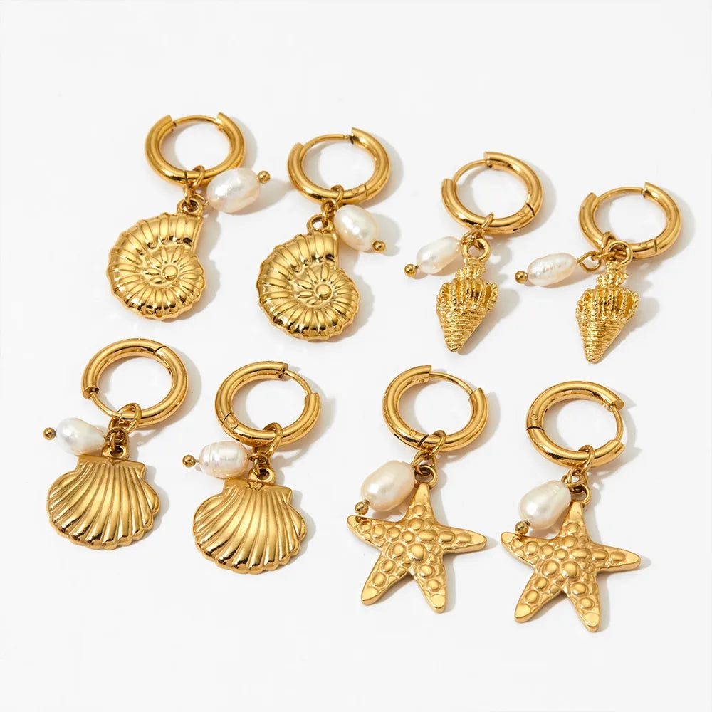 Marine Style Beach Starfish Conch Shell Drop Earrings – 304 Stainless Steel