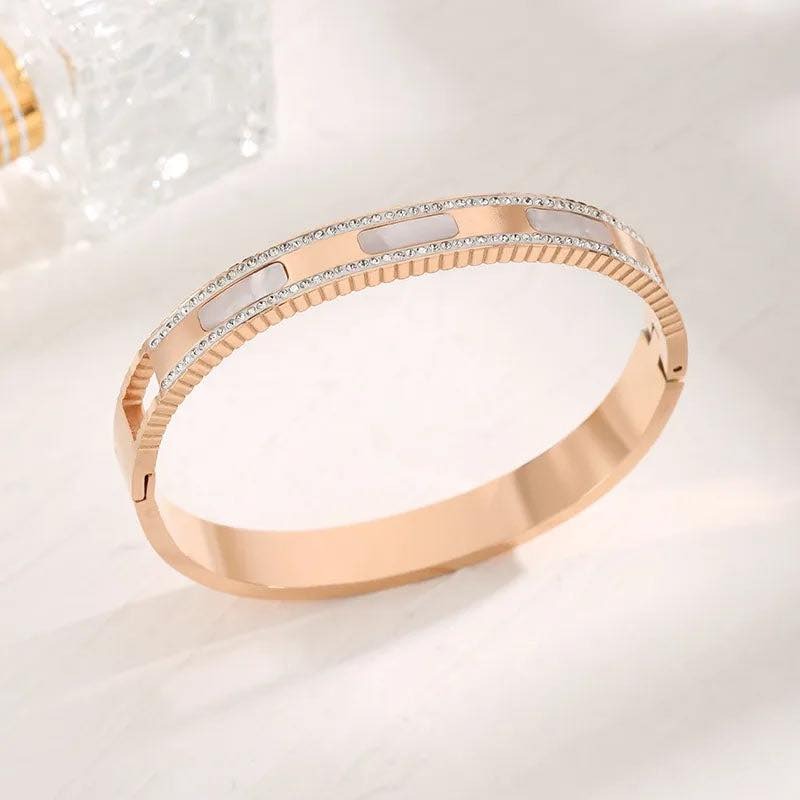 18K Gold Plated Stainless Steel Bangle for Women – Geometric Rhinestone Inlay Bracelet, Classic Glamorous Style, Rose Gold/Gold/Silver, Elegant Gift Jewelry