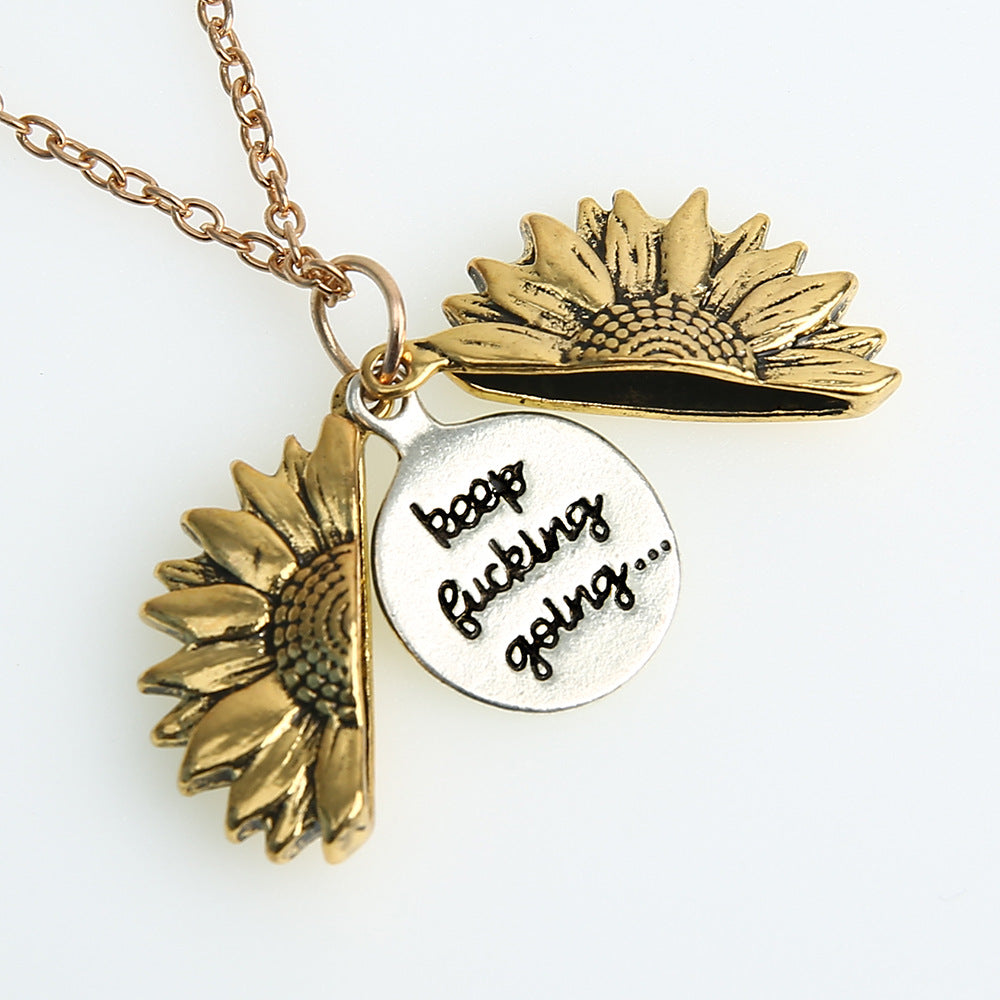 Jewelry Alloy Flowers Can Be Opened Sunflower Engraved Letters Smear Necklace