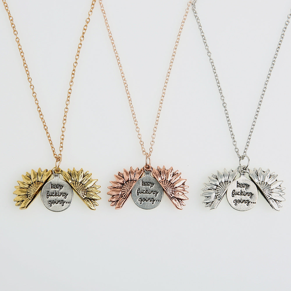 Jewelry Alloy Flowers Can Be Opened Sunflower Engraved Letters Smear Necklace