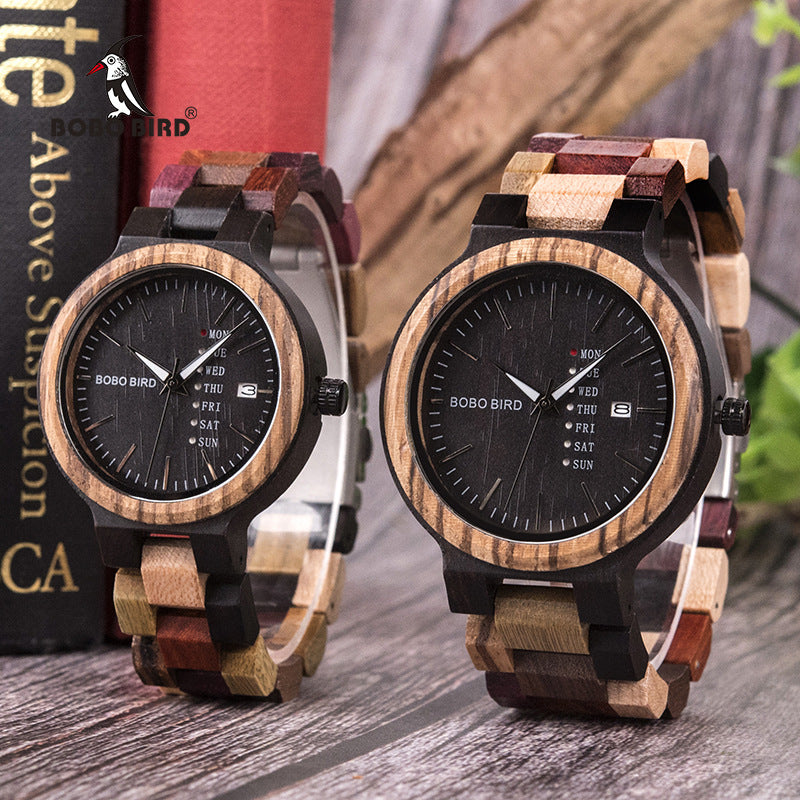 Popo Bird Lovers Wood Watch And Day Display Date Quartz Watch Classic Color Wood Watch