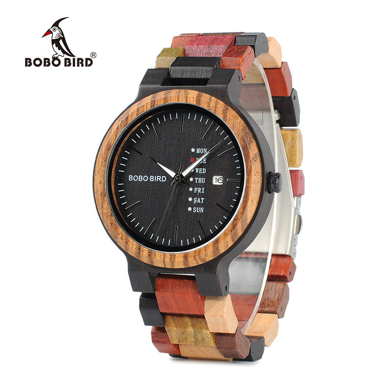 Popo Bird Lovers Wood Watch And Day Display Date Quartz Watch Classic Color Wood Watch