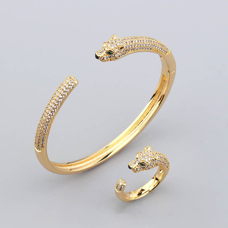 New Leopard Simple Micro-inlaid Zircon Green Eye Bracelet Ring Set Men And Women Casual Personality Jewelry