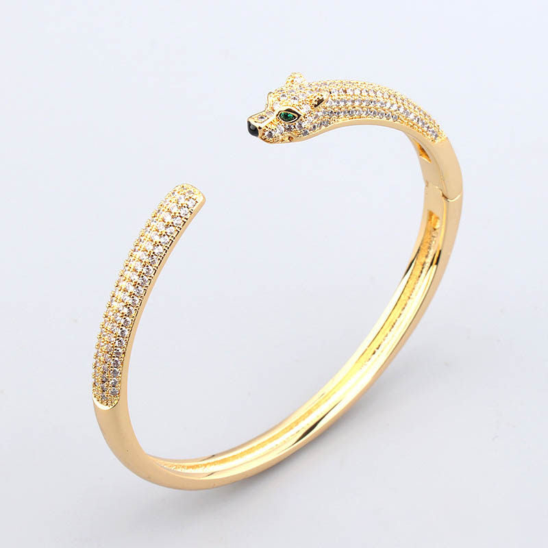 New Leopard Simple Micro-inlaid Zircon Green Eye Bracelet Ring Set Men And Women Casual Personality Jewelry