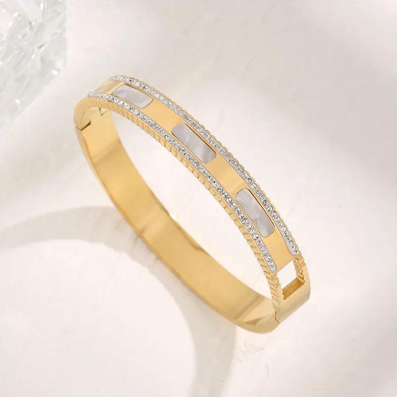 18K Gold Plated Stainless Steel Bangle for Women – Geometric Rhinestone Inlay Bracelet, Classic Glamorous Style, Rose Gold/Gold/Silver, Elegant Gift Jewelry