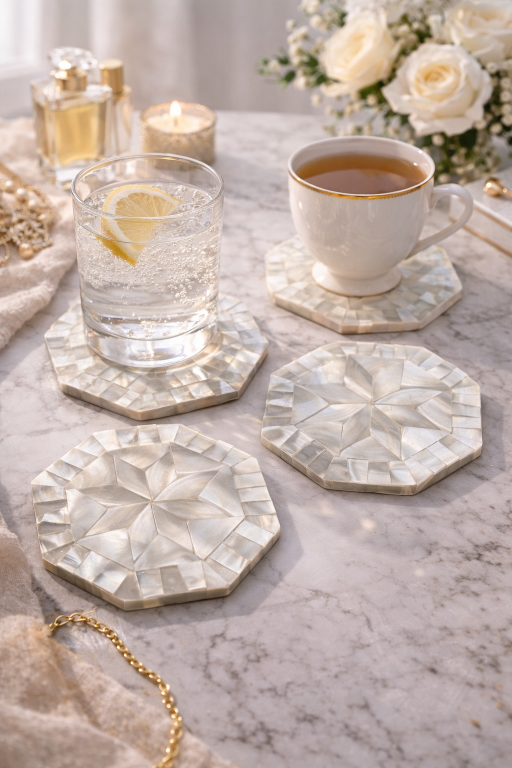 Mother of Pearl Coasters Set of 4 Handmade 10cm Luxury Drink Table Coasters Shell Decor
