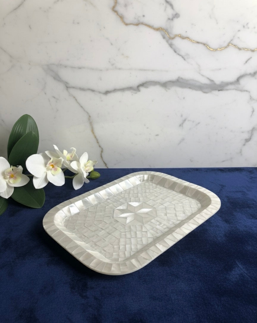 Handmade Mother of Pearl Serving Tray with Cherry Wood Base – Elegant Food Tray