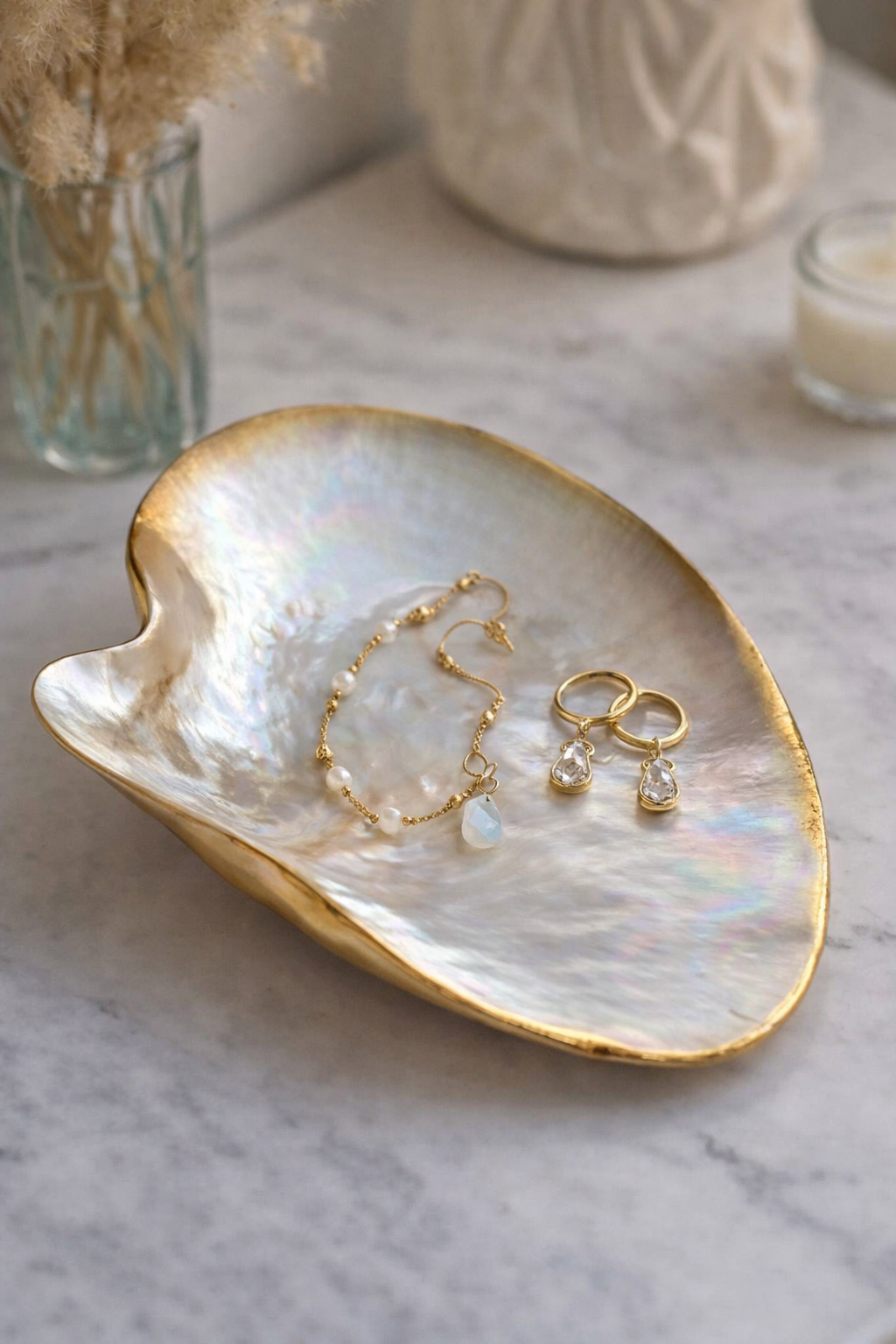 Gold Oyster Shell Trinket Dish Hand Polished 13cm Jewellery Ring Holder Decor