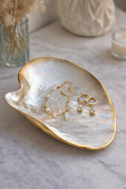 Gold Oyster Shell Trinket Dish Hand Polished 13cm Jewellery Ring Holder Decor