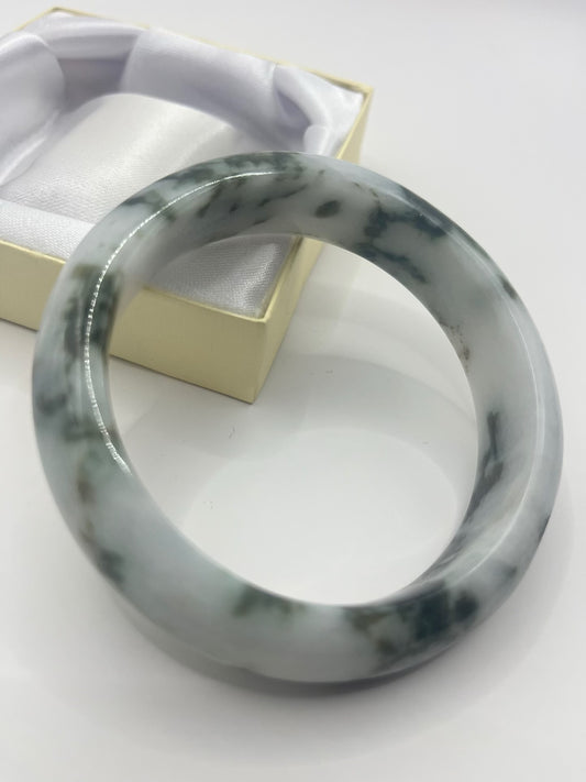 Hand-Carved Burmese Jadeite Jade Bangle – Forest Green, Emerald, and Milky White | Authentic Grade A Jade Bracelet