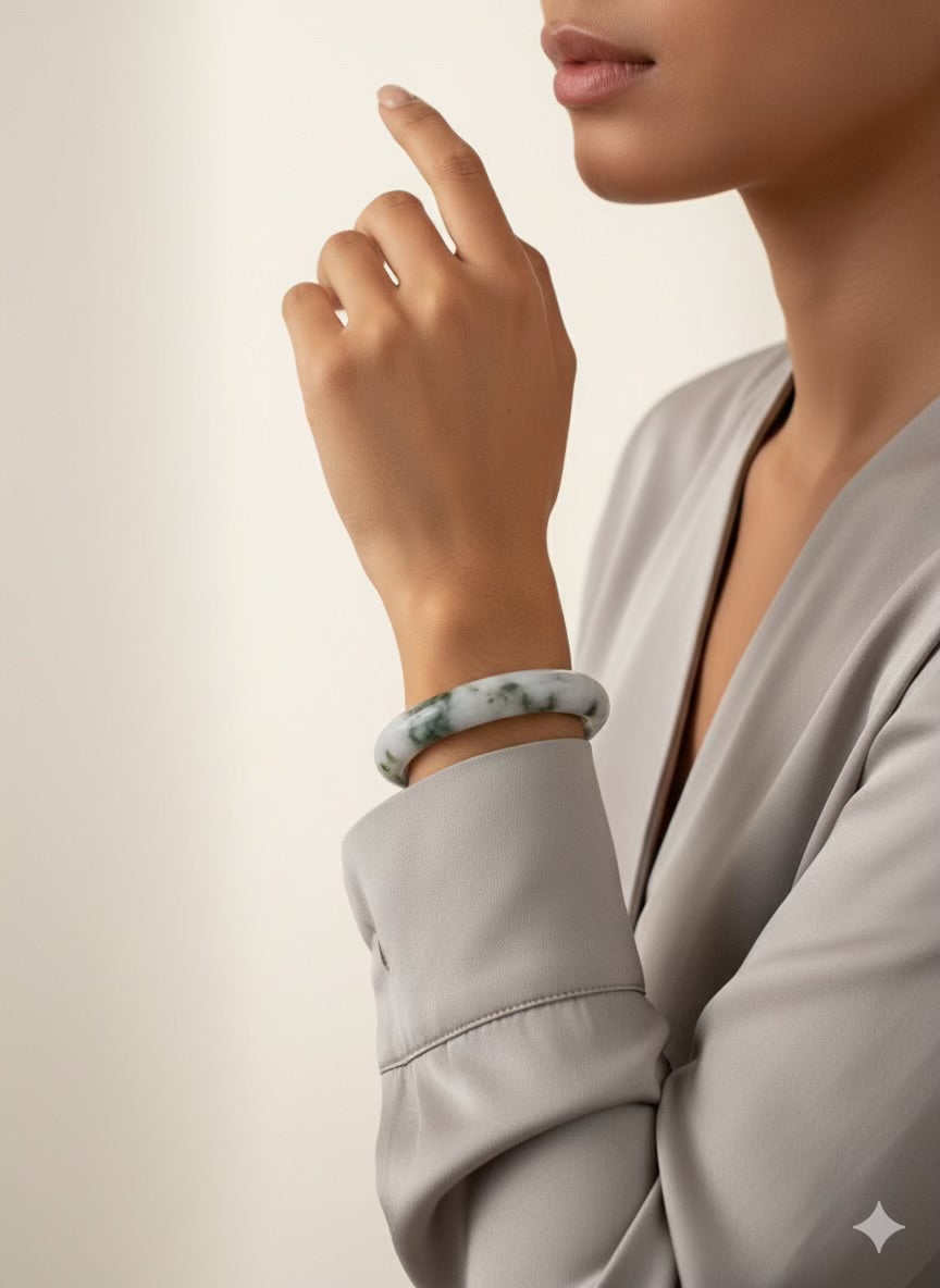 Hand-Carved Burmese Jadeite Jade Bangle – Forest Green, Emerald, and Milky White | Authentic Grade A Jade Bracelet