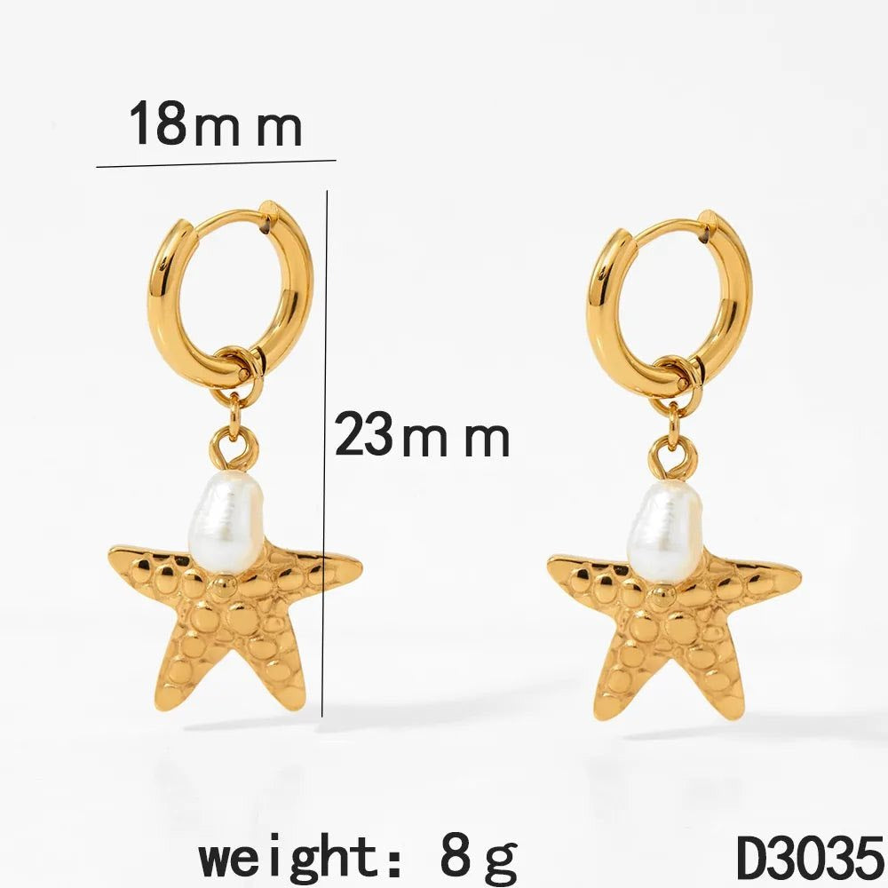 Marine Style Beach Starfish Conch Shell Drop Earrings – 304 Stainless Steel