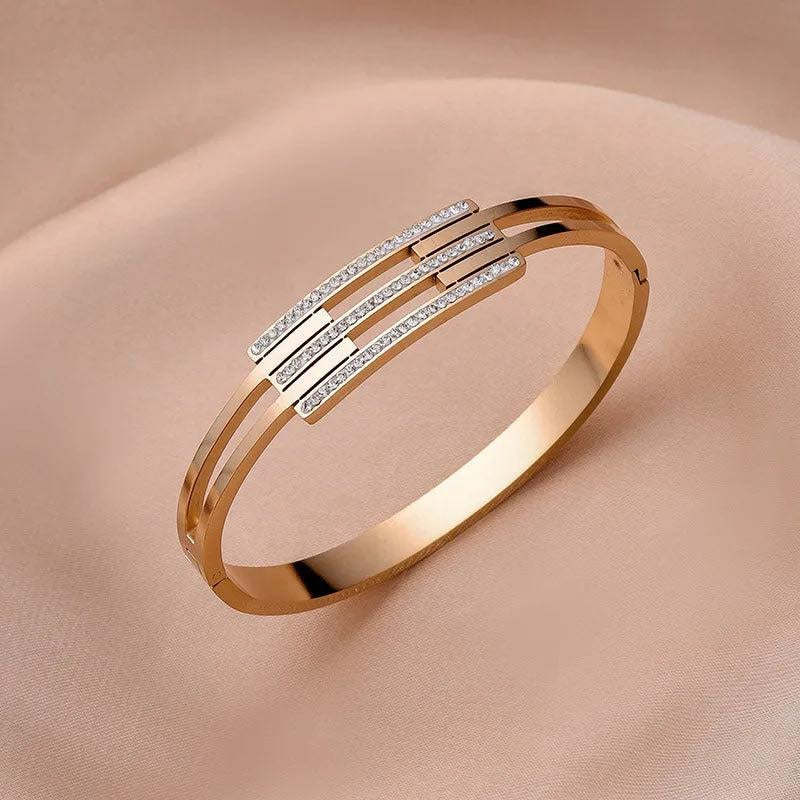 18K Gold Plated Stainless Steel Bangle for Women – Geometric Rhinestone Inlay Bracelet, Classic Glamorous Style, Rose Gold/Gold/Silver, Elegant Gift Jewelry