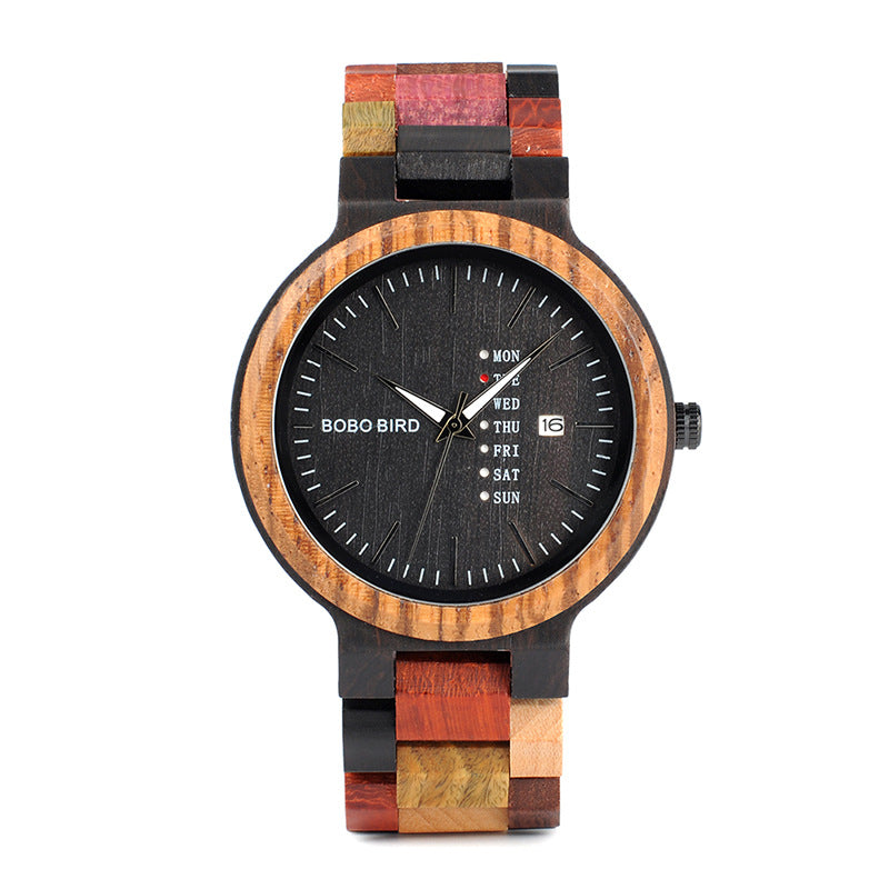 Popo Bird Lovers Wood Watch And Day Display Date Quartz Watch Classic Color Wood Watch