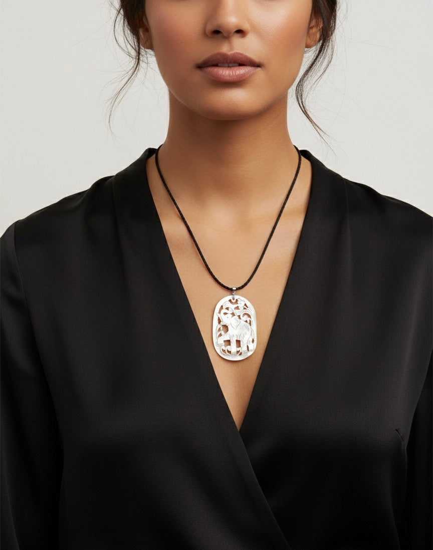 Handcrafted Mother of Pearl Necklace - Elegant Elephant Pendant Design for Women | Unique Artisan Jewelry Gift