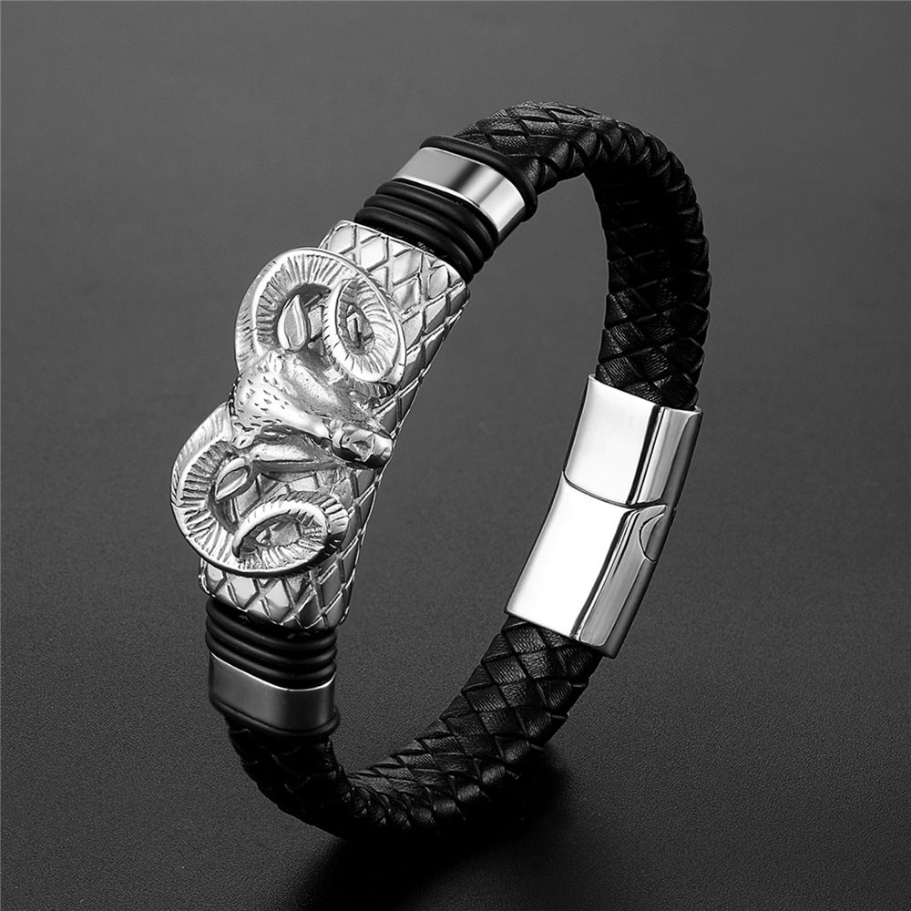 European And American Popular Men Constellation Stainless Steel Leather Bracelet Woven Fashion Titanium Steel Leather Rope Bracelet Men