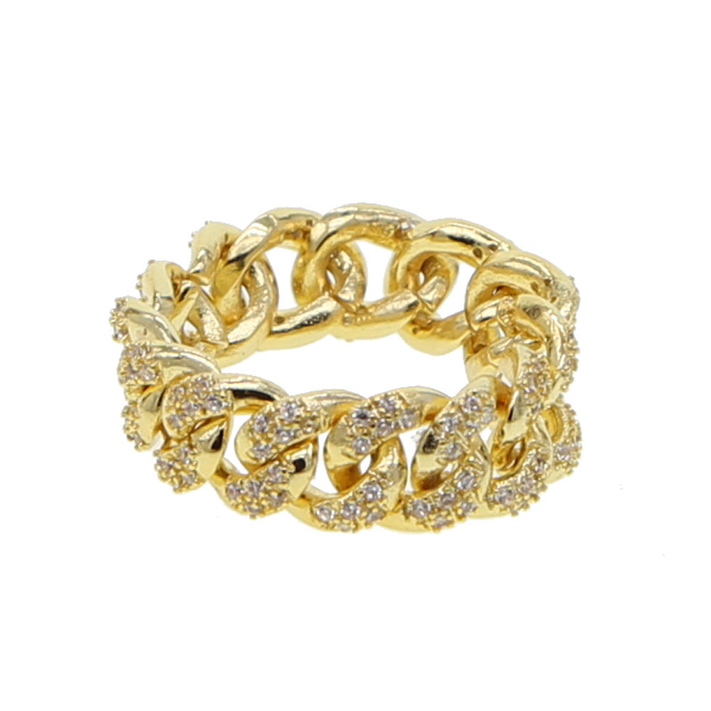 Fashion Hip-hop Zircon Cuban Chain Ring Full Of Zircon Electroplating Real Gold Tide European And American New Rings