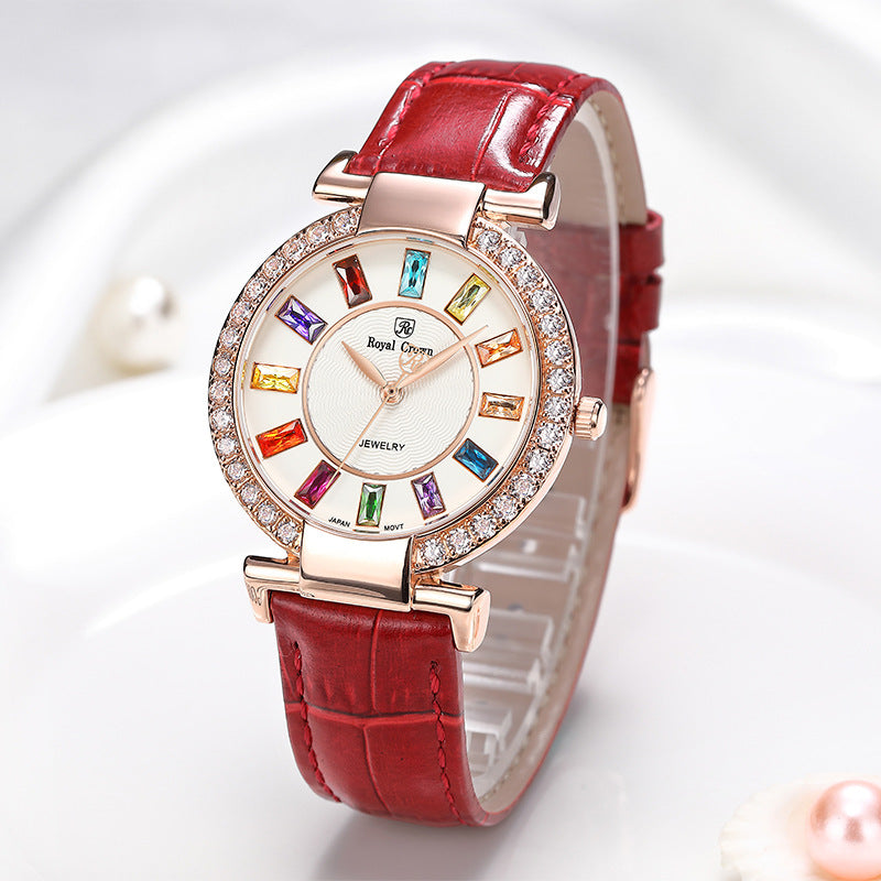 Royal Crown Royakron Watch Casual Belt Color Inlaid Zircon Fashion Women's Watch