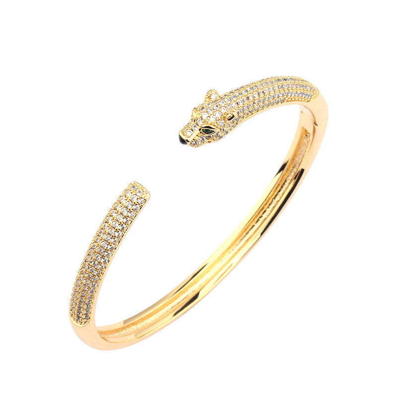 New Leopard Simple Micro-inlaid Zircon Green Eye Bracelet Ring Set Men And Women Casual Personality Jewelry