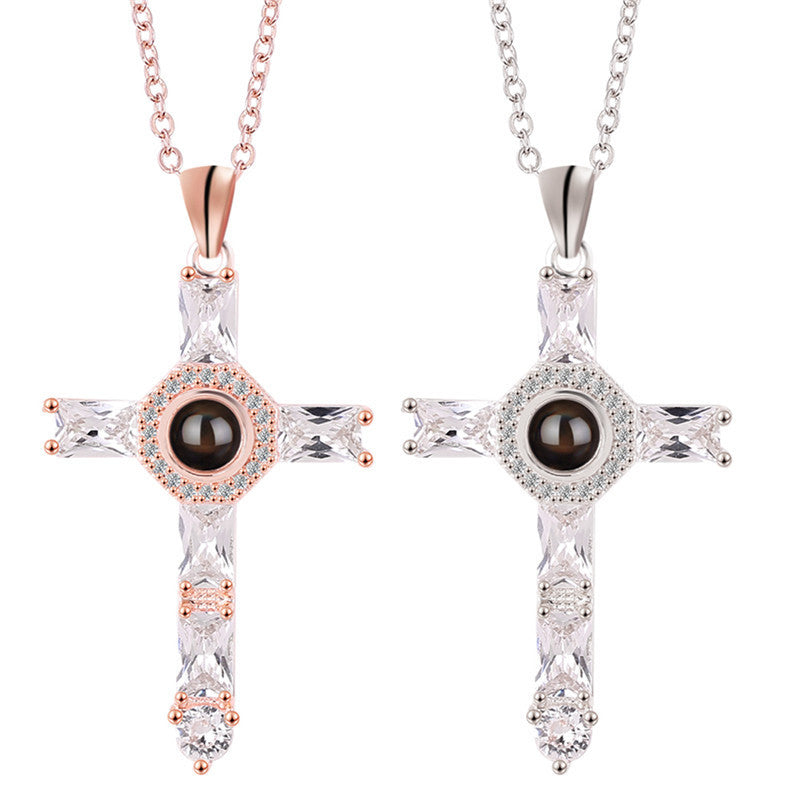 European And American Cross-Border Hot-Selling Creative Cross Projection Necklace New Diamond Pendant Miniature Projection Necklace Alloy