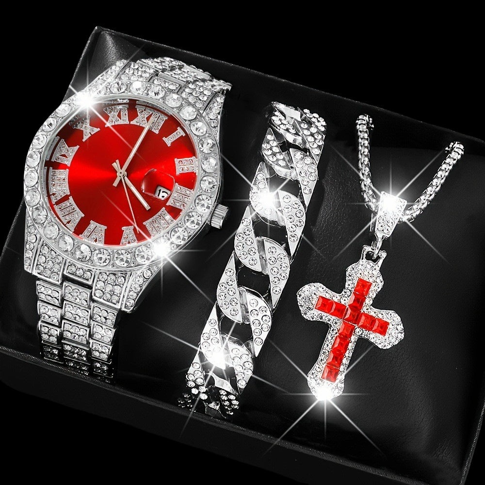 Men Hip-Hop Trendy Fashion Large Dial Export Popular Diamond Cuban Chain Watch Set