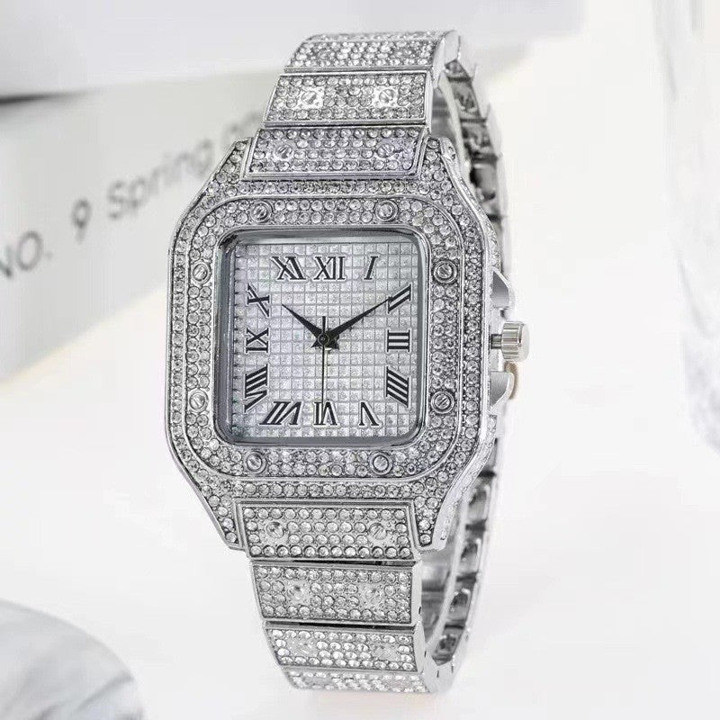 Cross-Border Square Watch With Starry Sky Steel Band And Diamonds, European And American Men Roman Scale Starry Sky Fashion Quartz Watch