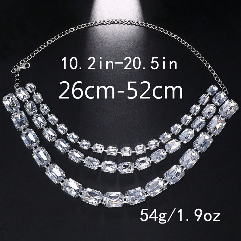 Multi-Layered Square Diamond Necklace, Personalized And Versatile European And American Style Exaggerated Full-Diamond Clavicle Chain Necklace