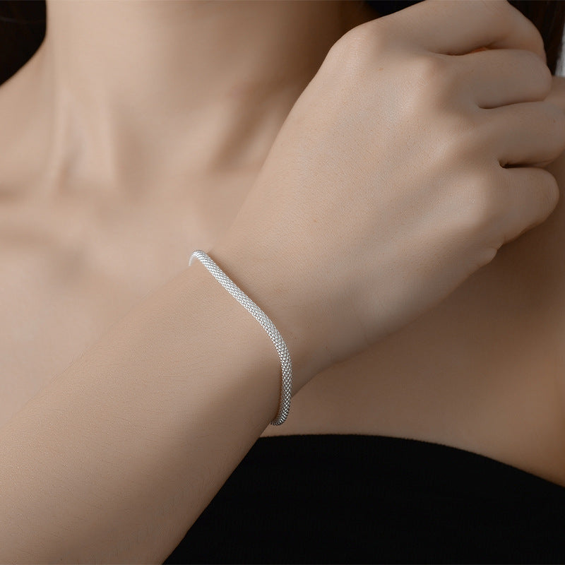 S925 Sterling Silver Sparkling Cylinder Mesh Bracelet Women&#039;s Light Luxury Ins Niche Simple Italian Plain Chain Bracelet