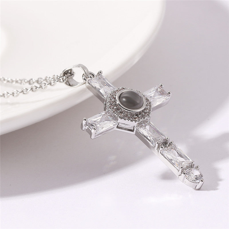 European And American Cross-Border Hot-Selling Creative Cross Projection Necklace New Diamond Pendant Miniature Projection Necklace Alloy