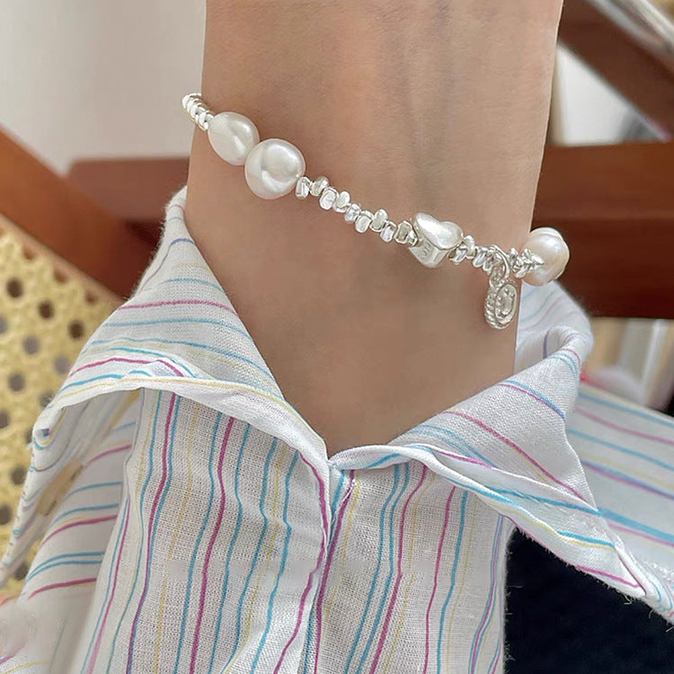 Broken Silver Metal Freshwater Pearl Bracelet Women's Niche Retro Personality Simple Versatile Temperament Bracelet Cold Style