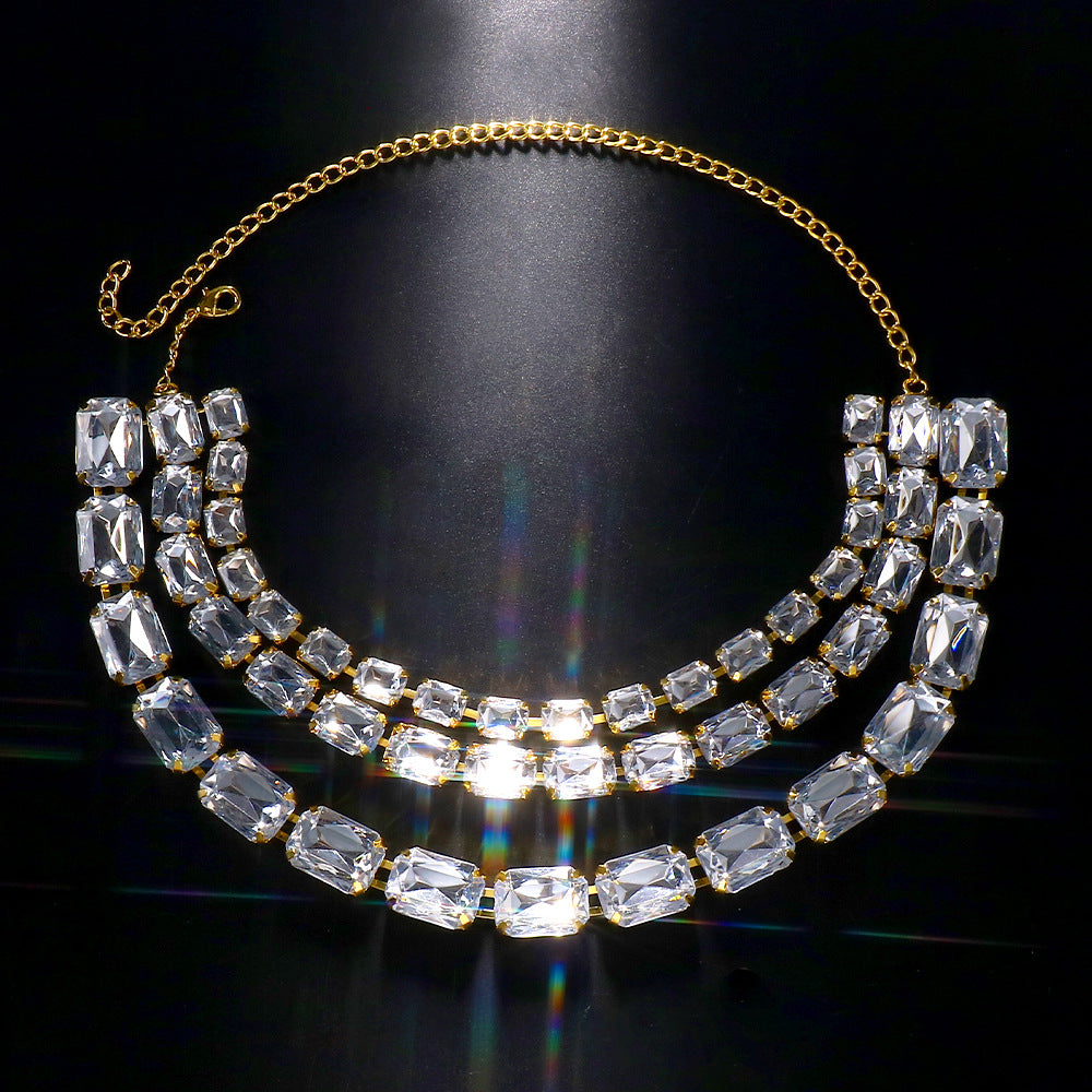 Multi-Layered Square Diamond Necklace, Personalized And Versatile European And American Style Exaggerated Full-Diamond Clavicle Chain Necklace