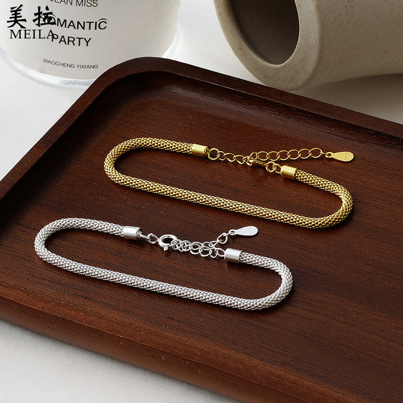 S925 Sterling Silver Sparkling Cylinder Mesh Bracelet Women&#039;s Light Luxury Ins Niche Simple Italian Plain Chain Bracelet