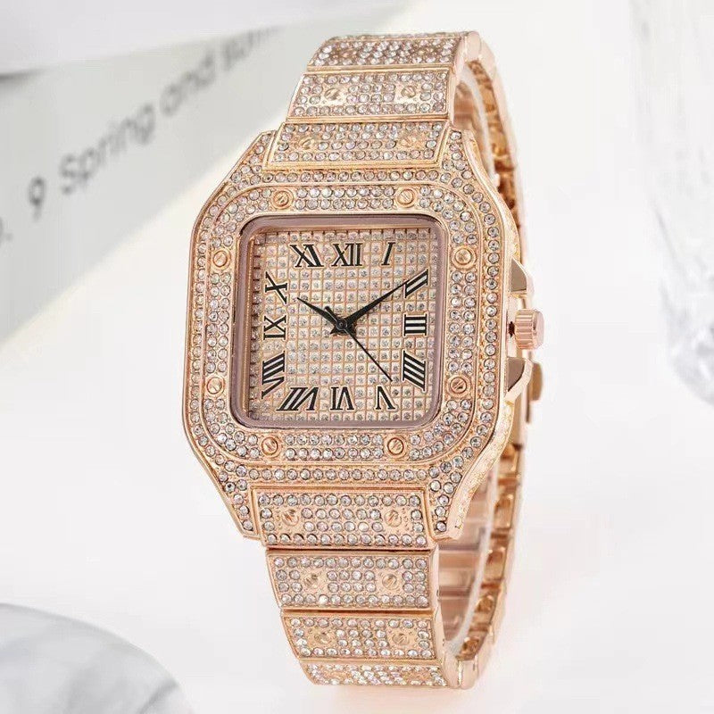 Cross-Border Square Watch With Starry Sky Steel Band And Diamonds, European And American Men Roman Scale Starry Sky Fashion Quartz Watch