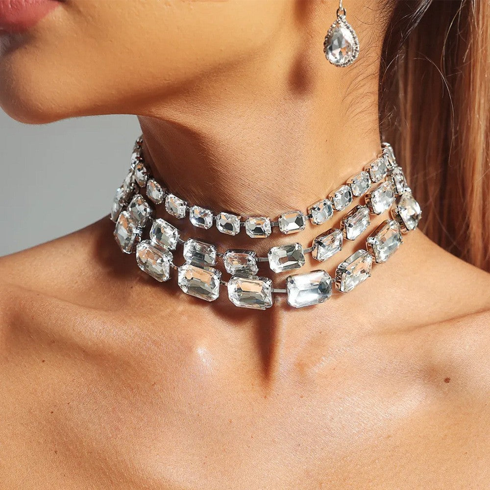 Multi-Layered Square Diamond Necklace, Personalized And Versatile European And American Style Exaggerated Full-Diamond Clavicle Chain Necklace