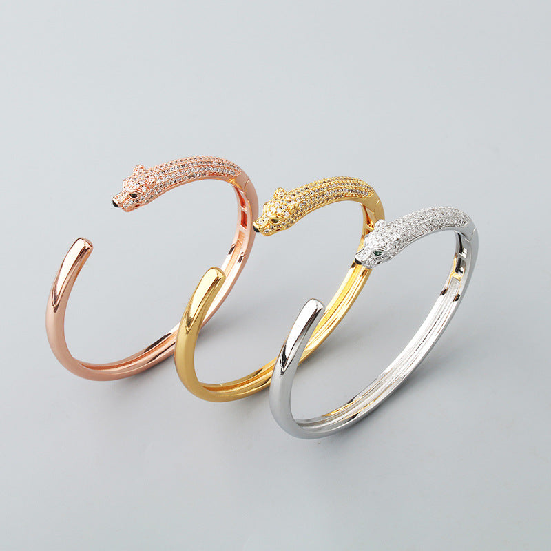 New Leopard Simple Micro-inlaid Zircon Green Eye Bracelet Ring Set Men And Women Casual Personality Jewelry