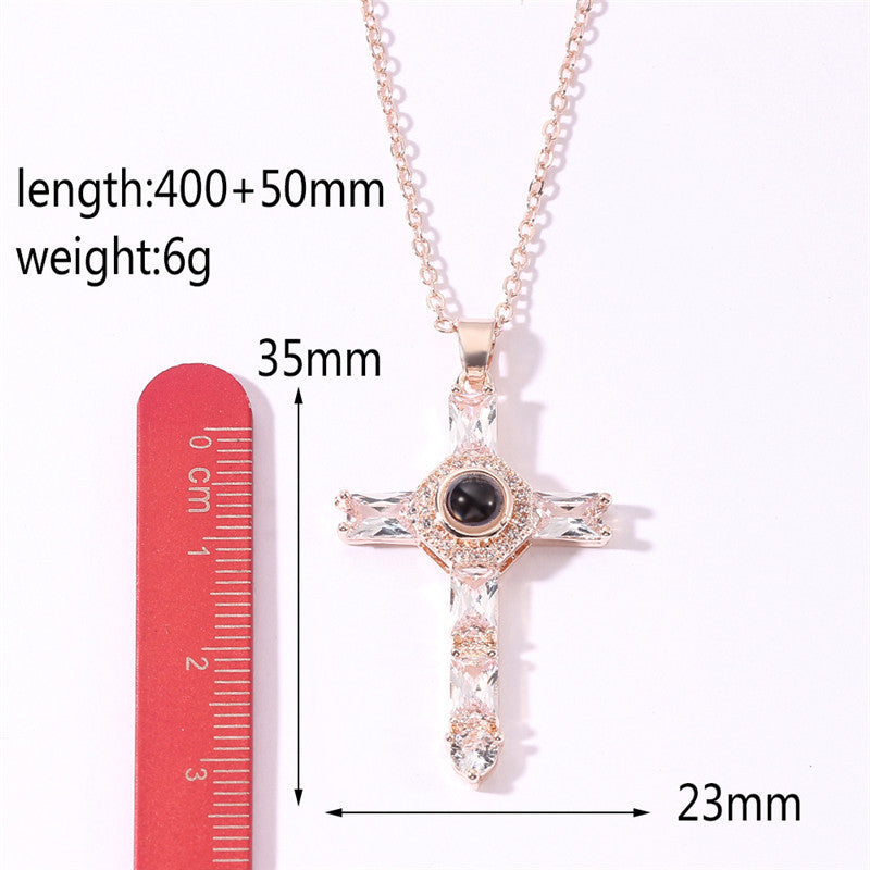 European And American Cross-Border Hot-Selling Creative Cross Projection Necklace New Diamond Pendant Miniature Projection Necklace Alloy