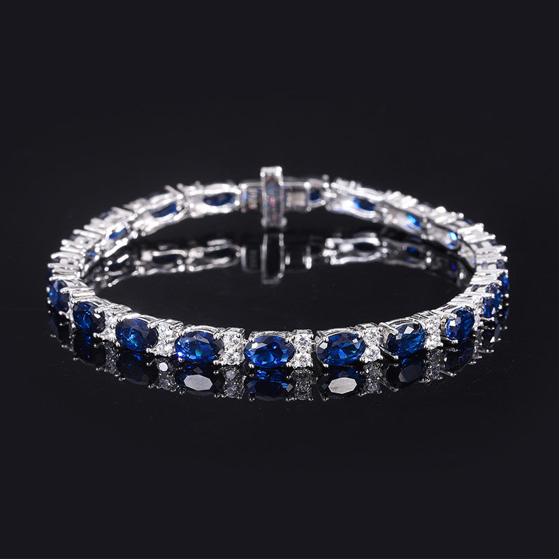 Women’s S925 Silver Bracelet with Blue Gemstones – Elegant Crystal Tennis Design