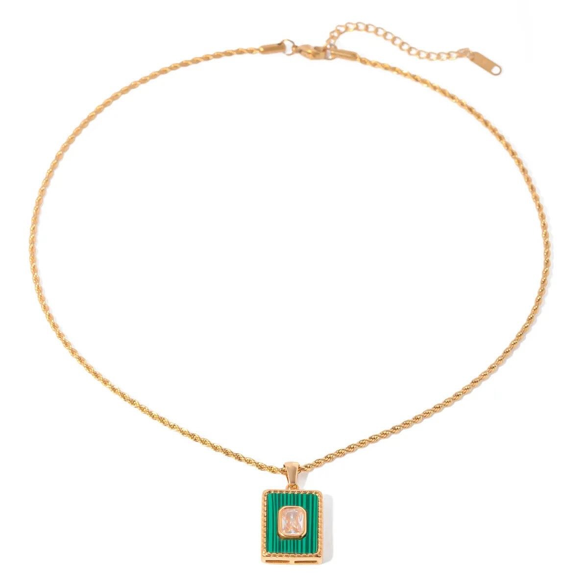 18K Gold Plated Stainless Steel Malachite & Zircon Pendant Necklace – IG Style Square Inlay Chain for Men & Women