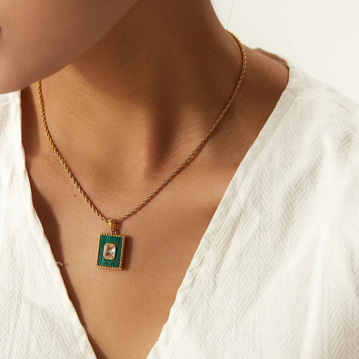 18K Gold Plated Stainless Steel Malachite & Zircon Pendant Necklace – IG Style Square Inlay Chain for Men & Women