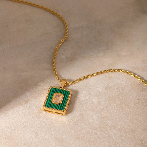 18K Gold Plated Stainless Steel Malachite & Zircon Pendant Necklace – IG Style Square Inlay Chain for Men & Women