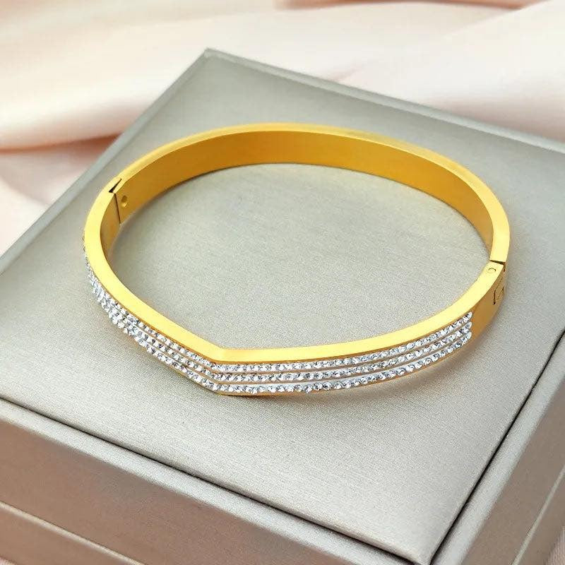 18K Gold Plated Stainless Steel Bangle for Women – Geometric Rhinestone Inlay Bracelet, Classic Glamorous Style, Rose Gold/Gold/Silver, Elegant Gift Jewelry