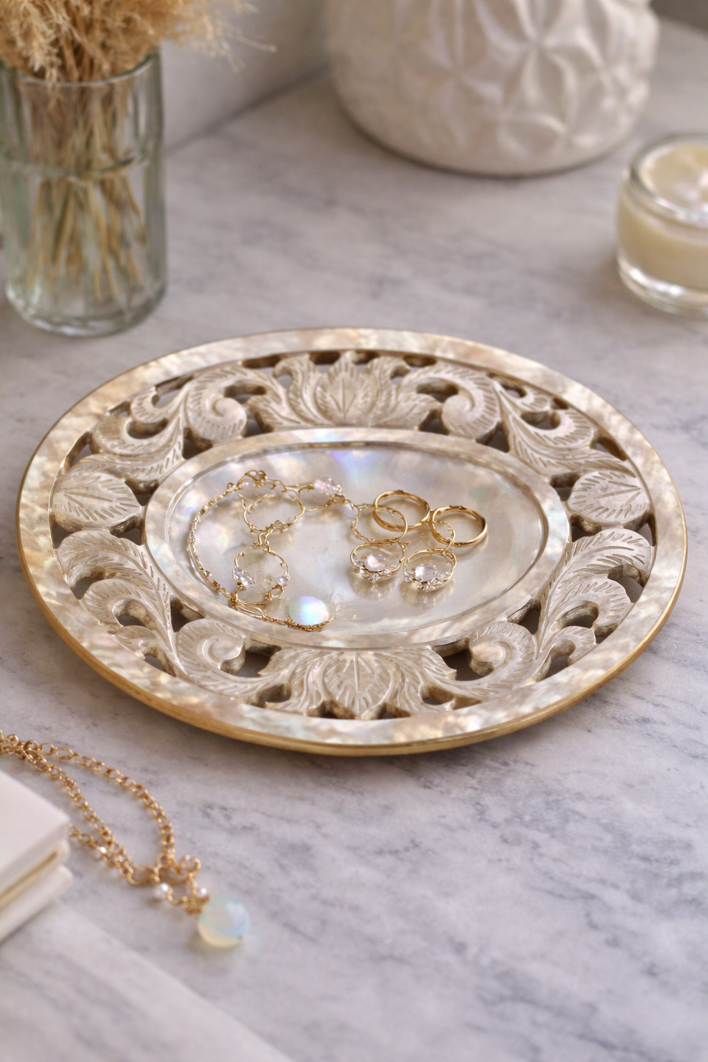 Luxury Hand Carved Mother of Pearl Floral Dish 12cm Jewellery Tray Decorative Shell