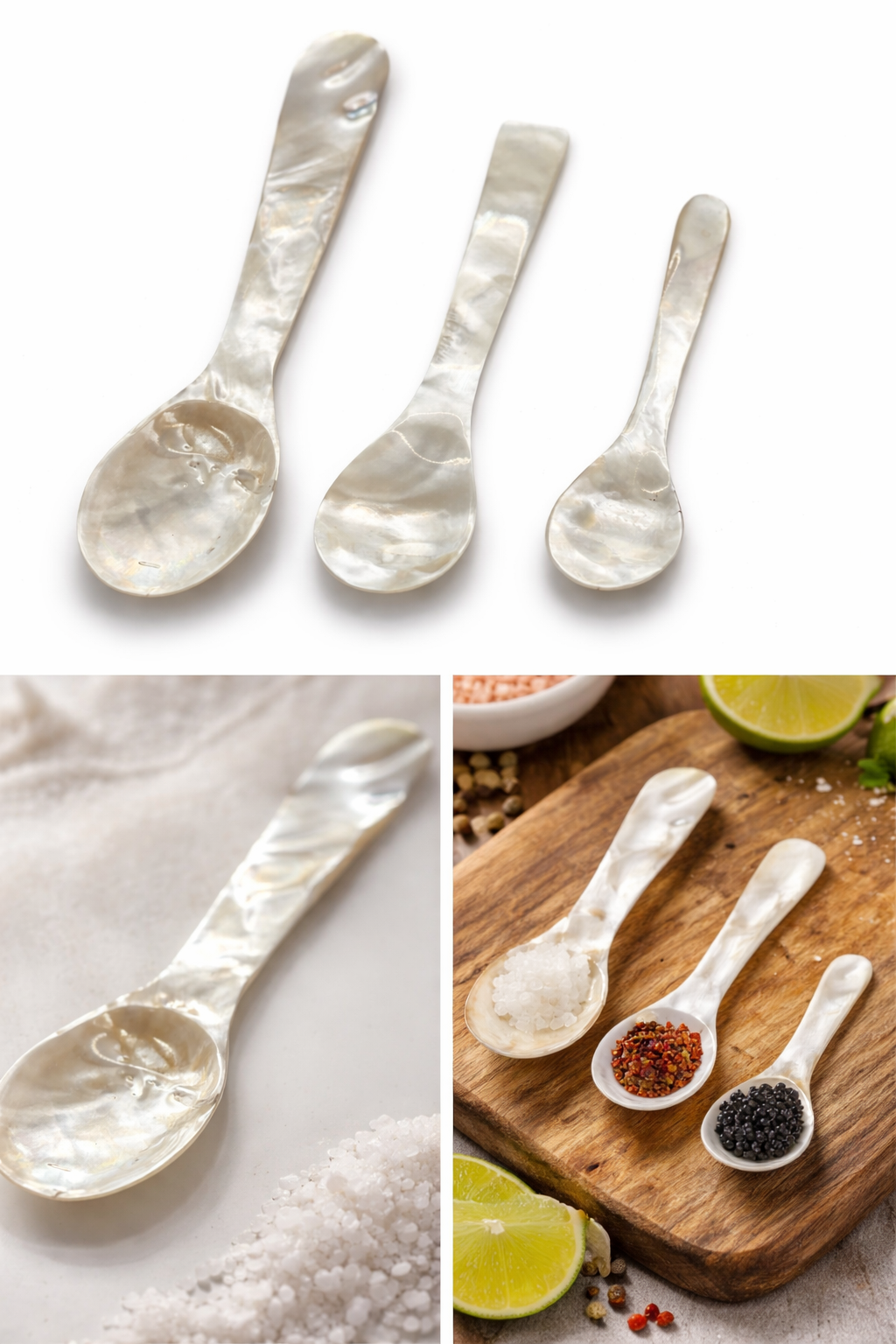 Natural Oyster Shell Spoons 3pcs Set 9cm 7cm 5cm Hand Polished Shiny Eco Friendly Utensil