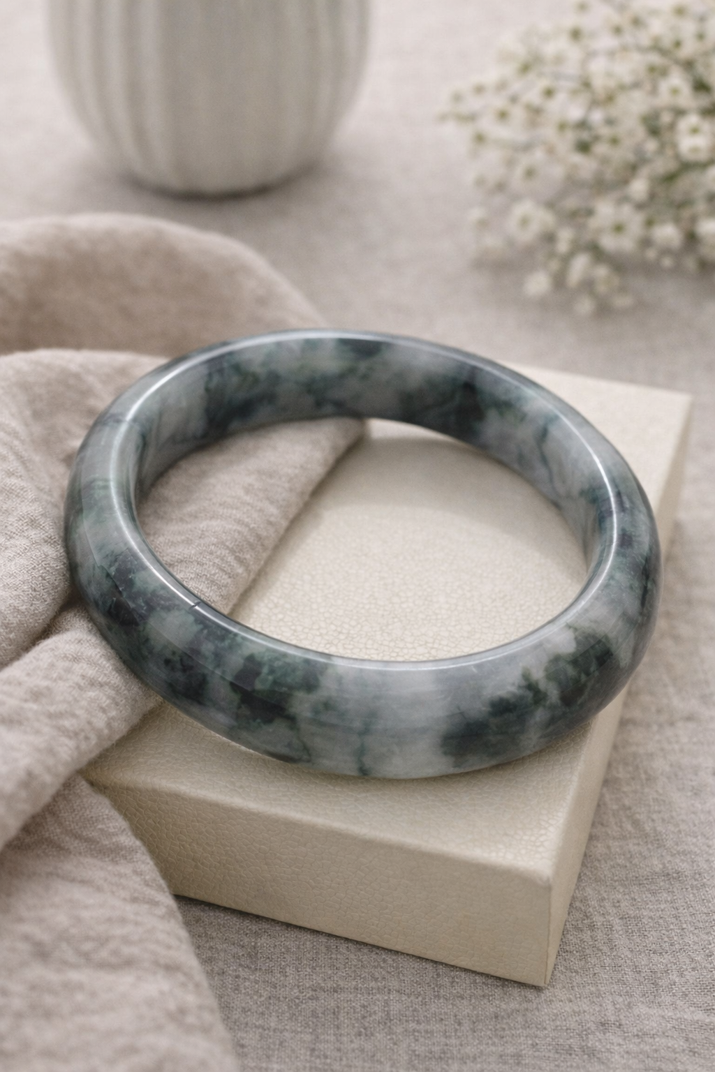 Natural Grade A Burmese Jadeite Bangle – Hand Carved Green & White Jade Bracelet