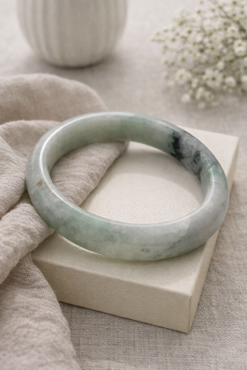 Natural Grade A Burmese Jadeite Bangle – Hand Carved Green & White Jade Bracelet