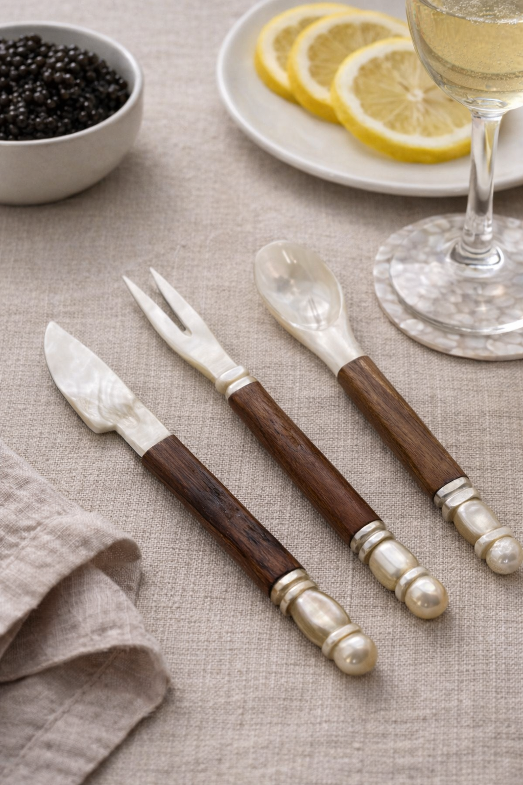 Mother of Pearl Spoon Fork Knife Set Handmade Wooden 11cm Set Dessert Caviar