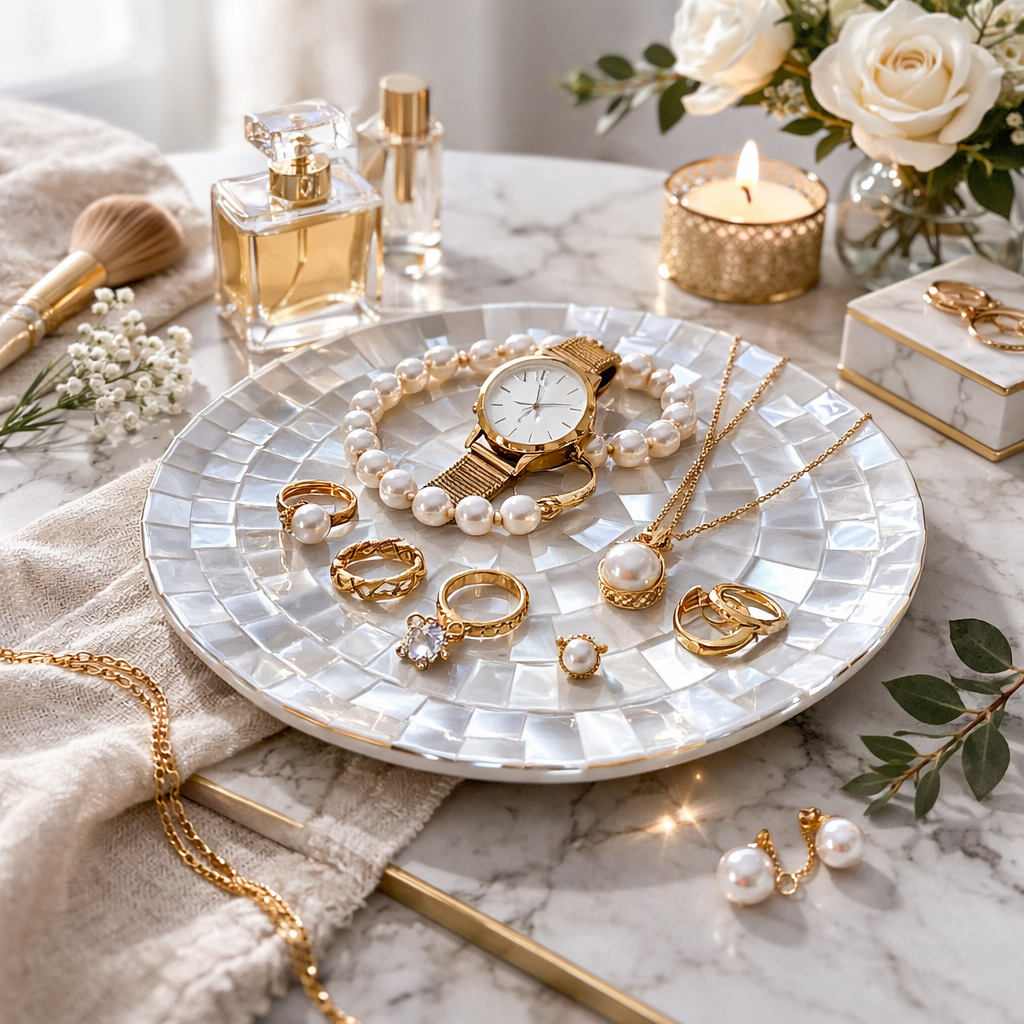 Handcrafted Mother of Pearl Small Round Plate, 19 cm – Double-Sided Decorative Plate with Pearl Top & Bottom”