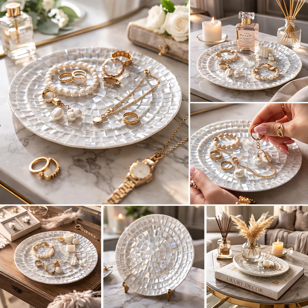 Handcrafted Mother of Pearl Small Round Plate, 19 cm – Double-Sided Decorative Plate with Pearl Top & Bottom”